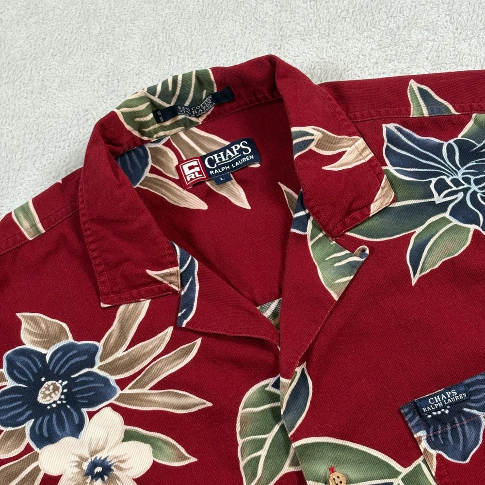 Chaps Ralph Lauren Mens Large Red Floral Tropical Short Sleeve Button Down Shirt